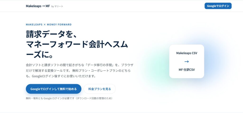 image | 株式会社マリート Hero section for Makeleaps × Money Forward with a bold Japanese headline about data requests; on the right a white rounded card labeled Makeleaps CSV and MF 仕訳CSV.