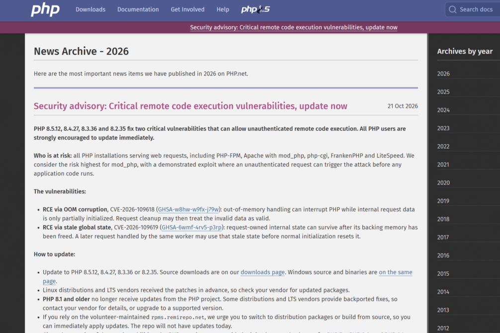 PHPの重大な脆弱性「php2shell」に関する注意喚起と対応について